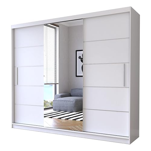 Fabryka Mebli Idźczak - Armoire Coulissante avec Miroir Alba 250cm Blanc, Armoire de Rangement avec Tringle et Étagère'intérieure, Portes Coulissantes...
