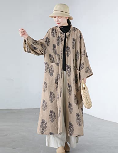 Luzu Junu Women's Trench Coat Floral Print Long Jacket Cotton Linen Vintage Outwear (As1, Alpha, One_Size, Regular, Regular, Floral, One Size) #TOP2