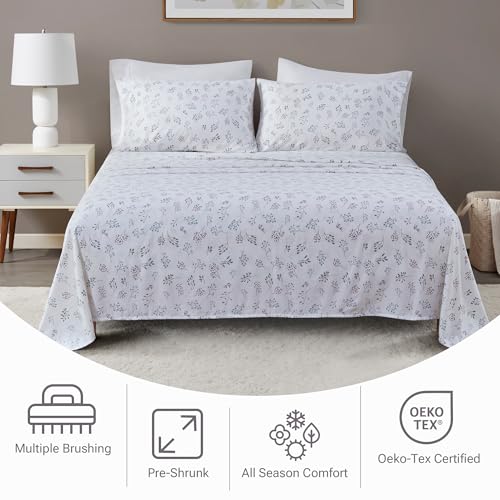 Image of True North by Sleep Philosophy Flannel Sheets King Size, Cozy 100% Cotton Flannel Bed Sheets, Ultra Soft Sheet Set, Novelty Print Themed Cold Weather Warm Bedding Set, White Tossed Botanical, 4 Piece