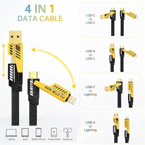 Image of 4-in-1 Fast Charging Cable, USB-A & USB-C to USB-C, Lightning & USB A, 60W PD Fast Charger, Braided Nylon Multi Charging Cable, Data Sync, 1.2M, Black