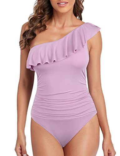 Hilor Women's Tummy Control 1 Piece Swimsuits One Shoulder Swimwear Ruffled Monokinis Bathing Suits Winsome Orchid 18 #TOP2