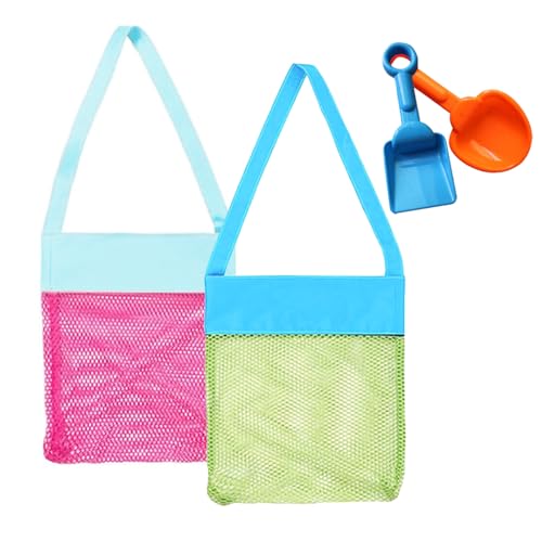AUONY Beach Mesh Bags, 2 Pack Sand Away Seashell Tote Bags with Adjustable Carrying Straps for Kid's Shell Collection