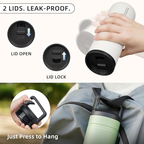 Image of BJPKPK 20 oz Insulated Travel Water Bottle, Coffee Tumbler Stainless Steel | Double Wall Vacuum, Leakproof, Thermal, Keeps Hot /Cold, BPA Free, Dishwasher Safe, Spill Proof, Wide Mouth, 2 Lids, Milky