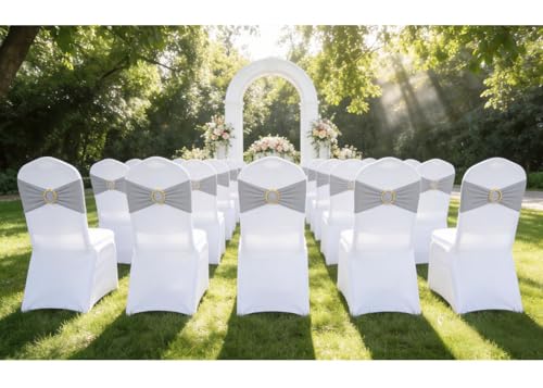 Image of 50 Pack Silver Chair Sashes with Gold Buckle Slider, Spandex Grey Chair Bands Bows for Folding Chairs Wedding Party Banquet Decor