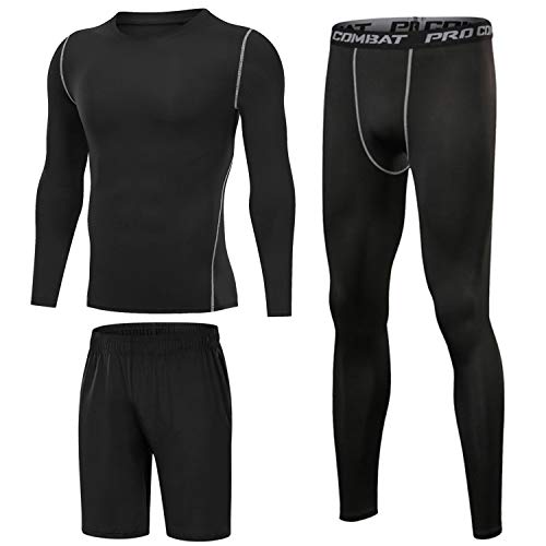 Sykooria 3 Piezas Conjunto de Compresión Deportiva para Hombre Camisetas de Manga Larga de Fitness Mallas de Running y Pantalon Deporte Corto de Elástico Correr Gym