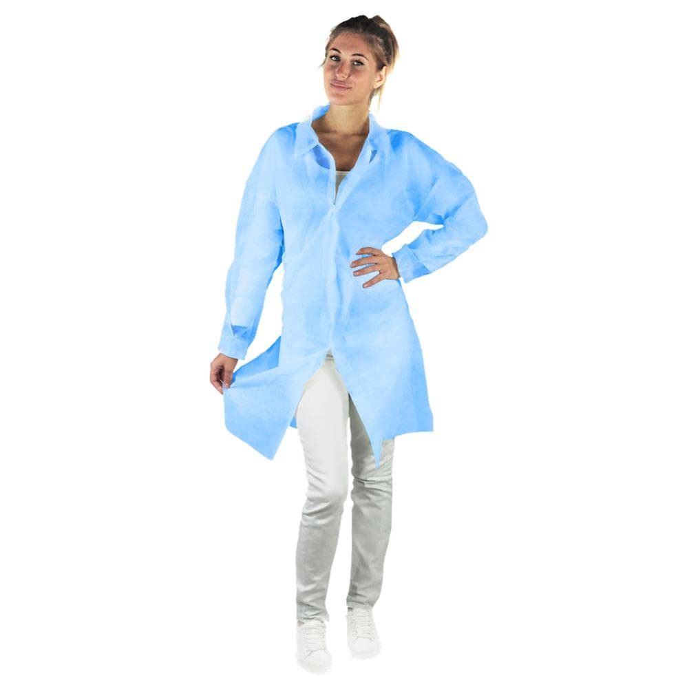 Camice monouso in TNT di polipropilene (PP), 30 g/mq, chiusura frontale con velcro, colore azzurro, taglia XXL