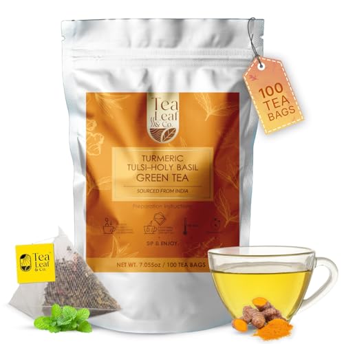 Image of Tealeaf & Co. Turmeric Tulsi Holy Basil Green Tea - Turmeric, Tulsi & Peppermint Tea Blended with Fresh Herbs & Spices - Low Caffeine & Vegan - 100 Teabags (7.055oz /200gm)