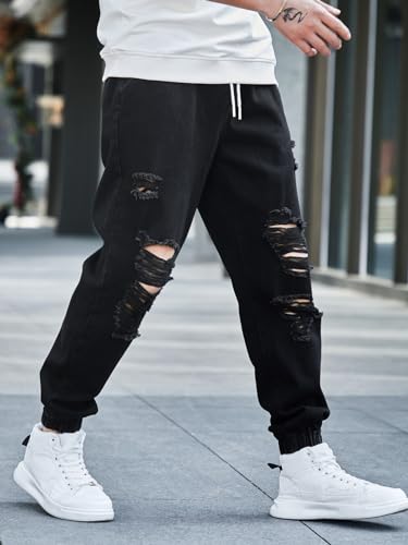OYOANGLE Men's Drawstring Waist Ripped Denim Jeans Streetwear Distressed Jogger Cargo Pants with Pocket4