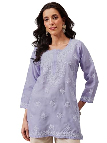Image of Ada Hand Embroidered Lucknow Chikankari Straight Round Neck Cotton Blend Short Kurti Tunic Top for Women A911333