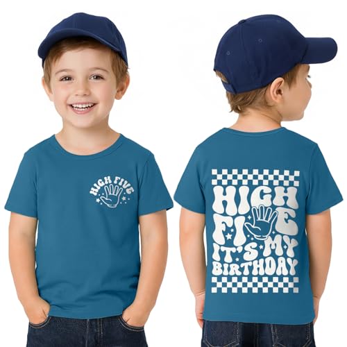 5th Birthday Shirt Toddler Boy 5 Year Old Birthday T-Shirt Short Sleeve 2-Sided Print Tee Tops Outfit (Teal Blue 5T)