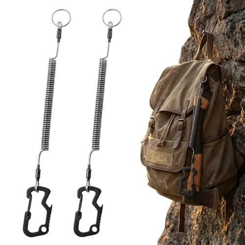 Image of Proberos 2Pcs Fishing Lanyard Safety Rope, 1.2m Extendable Heavy Duty Retractable Coiled Lanyard Stainless Steel Security Tether with Locking Carabiner, for Keys, Fishing Gear, Camping & Outdoor Use
