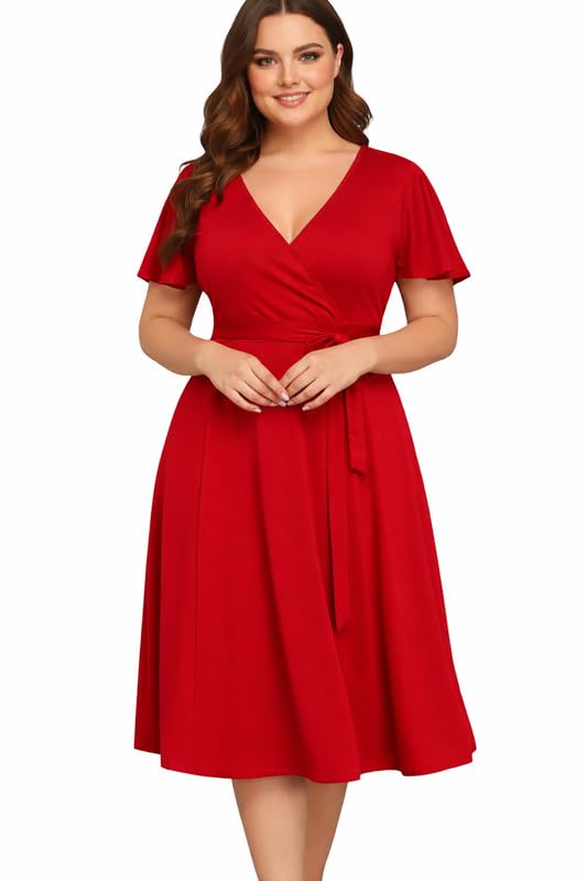 Women's Plus Size Wrap Cocktail Empire Waist Wedding Midi Dresses-image-21