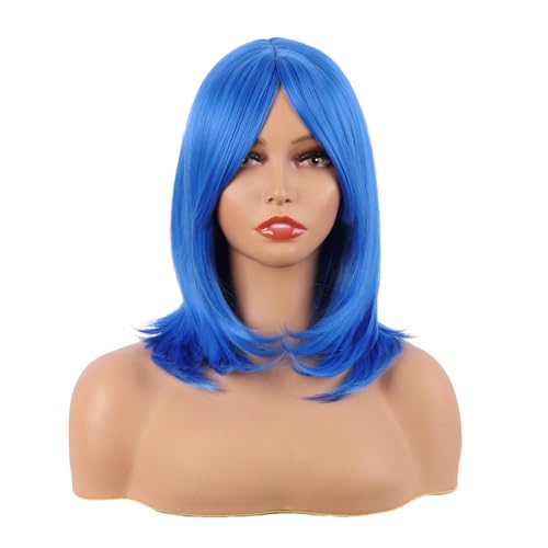 MapofBeauty 18 Inch/45 cm Layered Bangs Straight Synthetic Fiber Shoulder Length Hair Daily Use Wig (Bright Blue)