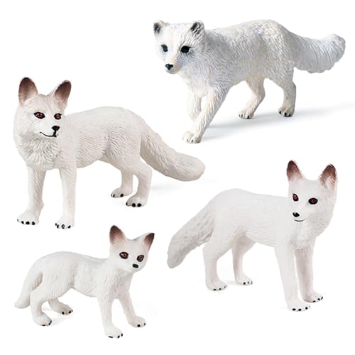 Bbiamsleep 4 Pieces White Fox Animal Figurines Mini Animals Set Realistic Arctic Fox Family Figurines for Cake Topper Party Christmas Birthday Supplies