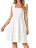 Rooscier Women's Square Neck Sleeveless Smocked Ruffle Tiered A Line Sundress Mini Dress Solid White Small