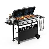 4 Brenner Gasgrill mit Abzugshaube, Umbaubarer Flachgrill 32000 BTU, Snap-Jet Zündung, Robuste räder, Seitenablagen, Outdoor-Küche für Garten, Terrasse, Camping