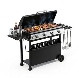 4 Brenner Gasgrill mit Abzugshaube, Umbaubarer Flachgrill 32000 BTU, Snap-Jet Zündung, Robuste räder, Seitenablagen, Outdoor-Küche für Garten, Terrasse, Camping
