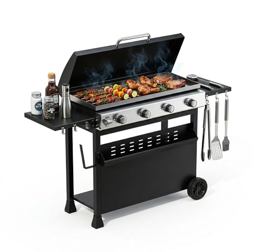 4 Brenner Gasgrill mit Abzugshaube, Umbaubarer Flachgrill 32000 BTU, Snap-Jet Zündung, Robuste räder, Seitenablagen, Outdoor-Küche für Garten, Terrasse, Camping