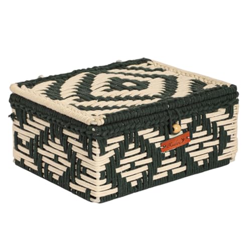 Image of Kaahira Handmade Decorative Storage Box and Organiser | Macrame Gift Hamper Box for Cosmetics, Toiletries & Return Gifts | Aesthetic Rope Woven Organizer (Green and White, Small - 9x6x4 inches)