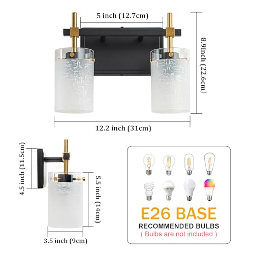 Image of 2-Light Modern Bathroom Vanity Light,Black and Gold Light Fixtures for Bathroom,Modern Wall Light Over Mirror with White Linen Frosted Glass E26 Socket (Bulbs Not Included)