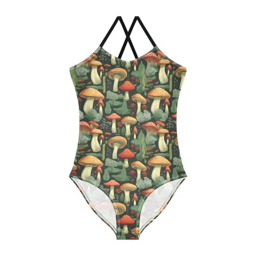 ALAZA Mushrooms Green Leaves Girl’s Swimsuits Bathing Suit One Piece Beach Swimwear