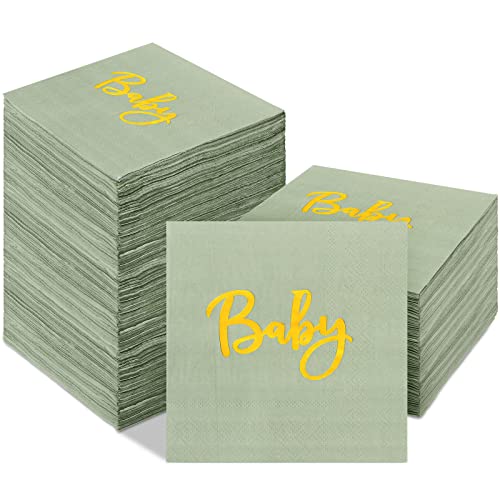 Nuanchu 120 Pcs Sage Green Baby Napkins 2 Ply Cocktail Napkins Sage Green Thick Paper Napkins 10 X 10 Inch Cocktail Beverage Napkins With Gold Foil For Guest Plates Baby Shower Birthday Party Supplies #TOP27