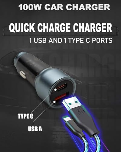 Image of 150W Dual Output Fast Car Charger with Type-C PD & USB, LED Indicator, Adapter & 3 in 1 Cable Compatible with Cars for iPhone & Android Smartphone, Earbud, Power Bank (Black)