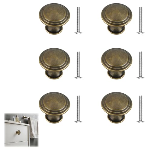Antique Brass Cabinet Knobs 6 Pcs Vintage Drawer Handles Copper Round Cupboard Knobs 30mm Antique Style Kitchen Cupboard Handles Zinc Alloy Wardrobe Door Knobs with Screws for Cupboards Drawe