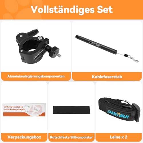 DAISTERN Fahrradleine für Hunde, 210° drehbar, Carbonfaser-Griff, stötdämpfende Feder, Stahlseil, Freihandleine für Hunde mit Aluminiumlegierungsklemme, Schnellmontagesystem