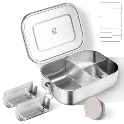 GOLDEN KEY Stainless Steel Lunch Box 1400 ml for Adults Stainless Steel Bento Box with Compartments and Replacement Silicone Ring Stainless Steel Lunch Box Leak-Proof Food Containers for Work