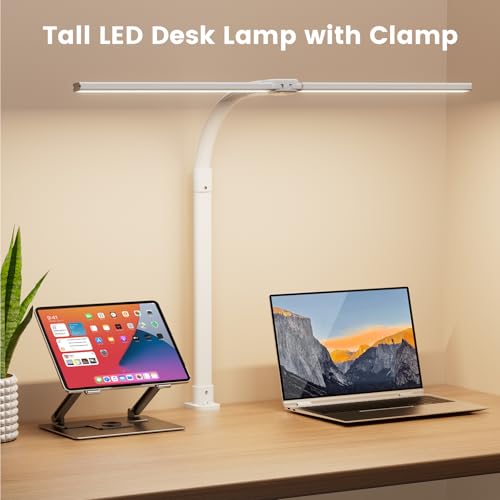 Image of LED Desk Lamp - Bright Dimmable Computer Lamp, 24W Bendable Desk Light for Monitor Screen, Eye-Caring Tall Desktop Light for Task Home Office Work, White, Dual Head