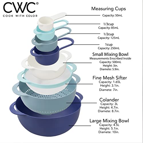 Cook With Color 8 Piece Nesting Bowls With Measuring Cups Colander And Sifter Set - Includes 2 Mixing Bowls, 1 Colander, 1 Sifter And 4 Measuring Cups, Teal #TOP1