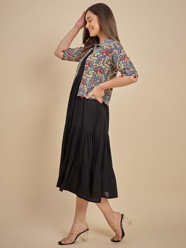 Image of Azira Women Rayon Solid Fit & Flared Dress with Printed Jacket | Perfect for Casual outings, Parties Rayon Fabric|