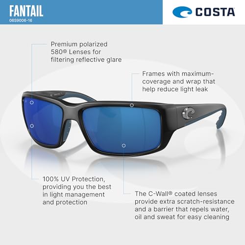 Image of Costa Del Mar Sunglasses For Men Fantail Mens Polarized Sunglasses 580G 59 | Polarized Fishing Glasses with UV Protection - Costa Sunglasses for Boating, Beach & Driving - 580G, 59