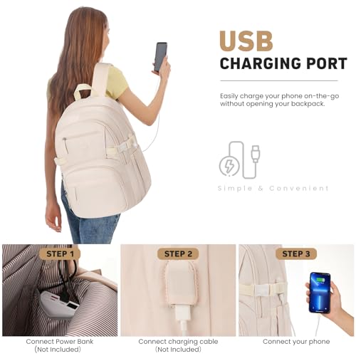 Image of WINDARS Backpack for School Girls, Cute High School Backpacks for Teens Women Student Large Bookbag 15.6 Inch Laptop Bag with USB Charger Port for College Work Travel Trip (Beige)