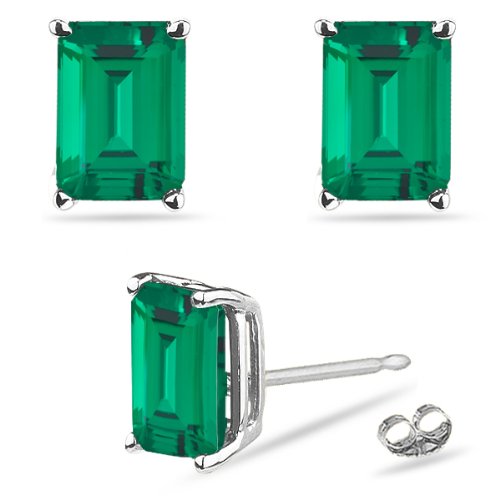 Lab Created Emerald Cut Russian Emerald Stud Earrings In 14K White Gold Availabe In 5X3Mm - 9X7Mm (6X4Mm - 0.93-1.01 Cts) #TOP1