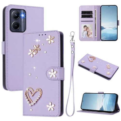 Jiajihua Case Compatible with Realme C33 2022/2023 Lanyard【Card Holder Wallet Flip Cover Magnetic Buckle Kickstand】 Purple