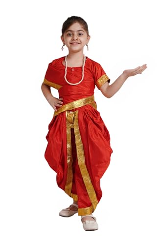 Image of Kaku Fancy Dresses Marathi Girl Lavni Folk Dance Costume with Jewellery for Kids - Red, 10-12 Years