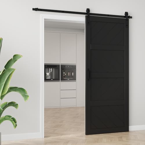 Image of 36 inchx84 inch Black Waved Barn Door with 6.6 FT Track Kit & Handle & Floor Guide
