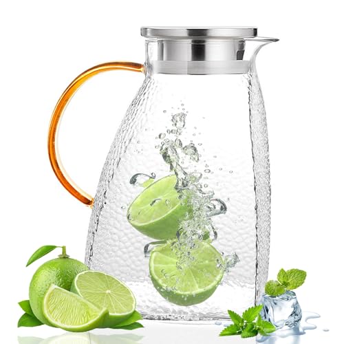Jarra de agua, jarra de vidrio con tapa de 1.8L/64 oz jarra de vidrio para puertas para el refrigerador jarra de agua resistente a la jarra de té helado resistente al calor con manija y patrón martil