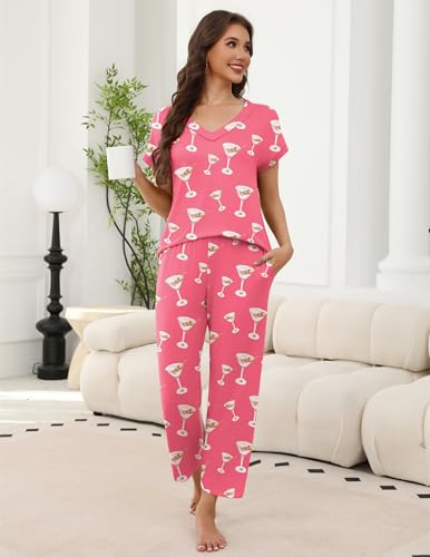 Ekouaer 2 Pack Pajamas for Women Short Sleeve V Neck Pj 2 Piece Lounge Sets S-XXL3