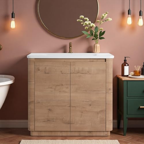 Image of 36 inch Bathroom Vanity with Ceramic Sink, Freestanding Bathroom Vanity with 2-Soft-Close Door, Soft-Closing Hinges & Hidden Handles for Home, Farmhouse, Easy to Clean Design, Imitative Oak