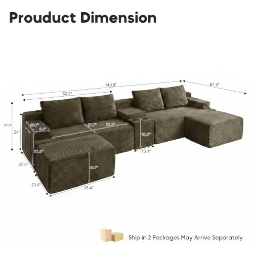 Image of 140 inch Modular Sectional Sofa, U-Shape Corduroy Boneless Couch Brown