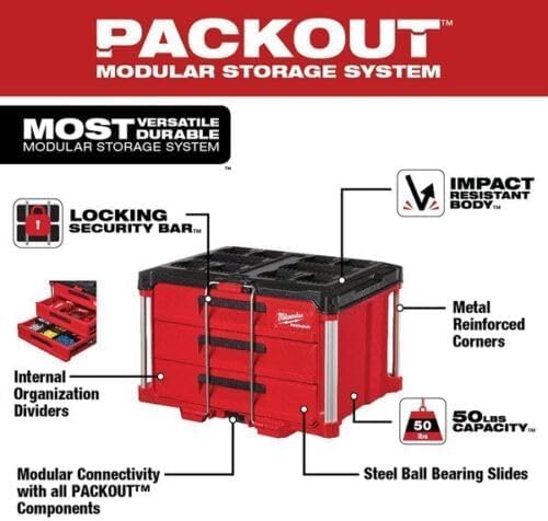 YIBEIW Fits Milwaukee Packout 3-Drawer Tool Box with Quick-Adjust Dividers and 50lbs Capacity 48-22-8443
