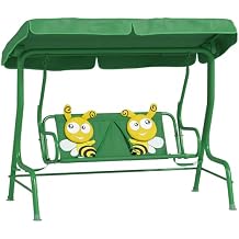 Qaba Kids Patio Swing, 2-Seater Outdoor Swing Chair with Adjustable Canopy and Safety Belt, Lion Pattern Hanging Swing Bench for Garden or Backyard, Yellow