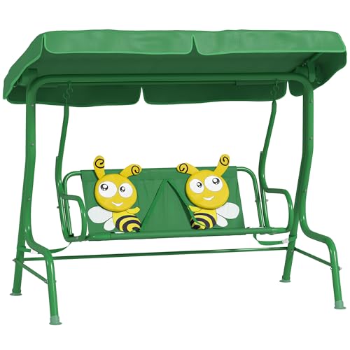 Qaba Kids Patio Swing 2-Seater Outdoor Swing Chair with Adjustable Canopy and Safety Belt Lion Pattern Hanging Swing Bench for Garden or Backyard Yellow