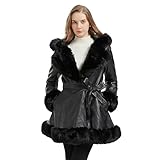 AOWITH Faux Leather Jacket for Women with Faux Fur Collar Long Sleeve Parka with Pockets Warm Winter Parka Coat with Belt Plus Size Outerwear GK024-BLACK-S