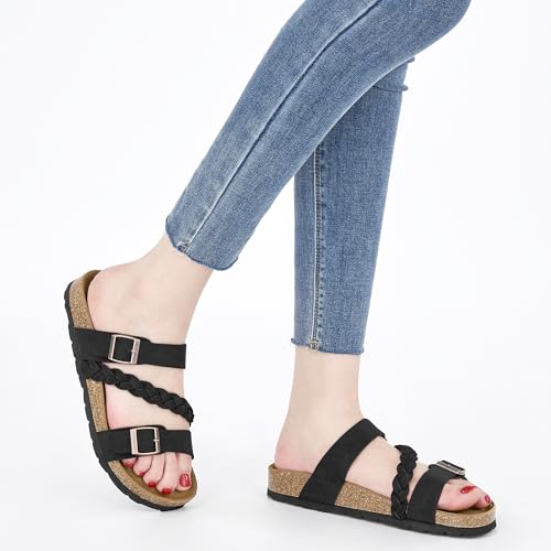 HARENCE Womens Flat Slides Sandals: Comfort Cork Footbed Slip On Slide Shoes Adjustable Buckle Open Toe Summer Outdoor Beach Sandal2
