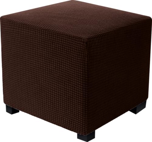 Stretch Footstool Cover,Square All Inclusive Pouffe Cover, Non Slip Ottoman Cover with Elastic Bottom,Soft Jacquard Tartan Stool Covers,Dustproof and Machine Washable Furniture Protector (Dark Brown）