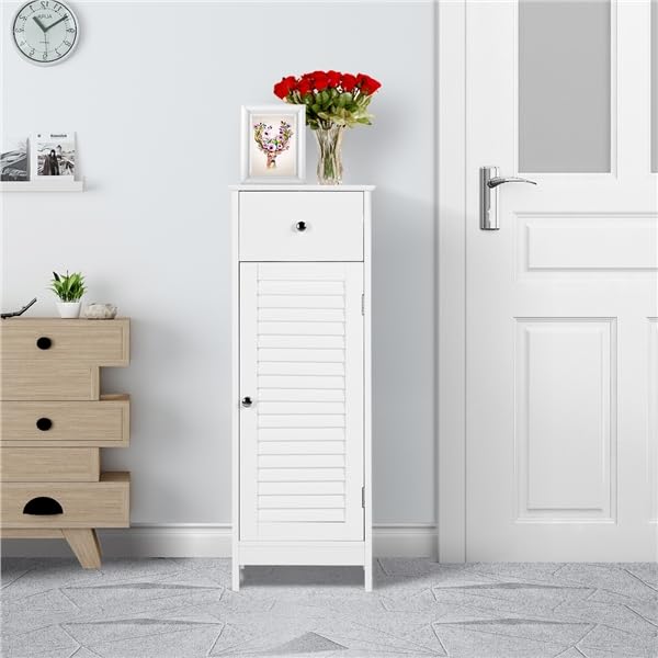 Yaheetech Mueble Armario de Baño Armario Impermeable Estrecho con Cajón y Puerta, para Salón Dormitorio Pasillo 32 x 30 x 87 cm, Blanco